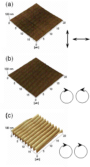 AZOJOMO - The AZO Journal of Materials Online - Typical AFM three-dimensional view of (a), (b) polarization holographic recorded gratings and (c) intensity holographic recorded gratings on the photocrosslinkable polymer liquid crystal.