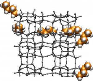 This figure shows a molecular worm representing a butane molecule as it navigates through the chemical labyrinth of a typical alkane-cracking zeolite. The alogorithm was used to compute the shortest path for the butane molecule to traverse one unit of the periodic zeolite structure. Credit: Image courtesy of Maciej Haranczyk, Berkeley Lab.