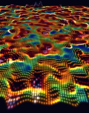 On the brink of the metal-insulator transition, the electrons in a manganese-doped gallium arsenide semiconductor are distributed across the surface of the material in complex, fractal-like patterns. These shapes are visible in this electron map, where the colors red, orange and yellow indicate areas on the surface of the semiconductor where electrons are most likely to be found at a given point in time. In this image, the fractal-like probability map of electrons is superimposed on the atomic crystal structure of the material, imaged at the same time. Credit: Roushan/Yazdani Research Group