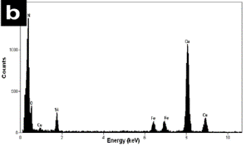 AZojomo - The "AZo Journal of Materials Online" The X-ray compositional spectrum shows similar amounts of iron than the spectrum in Figure 3, however there is a slight increment in the silicon contain and a reduction in the amount of oxygen.