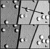 AZoM - The A to Z of Materials - A 30nm gold particle (a) before and (b) after being pushed over a 10nm high step along the direction indicated by the arrow. Image sizes are both 1μm x 0.5μm.