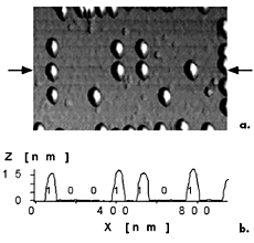 AZoM - The A to Z of Materials - a) The characters "LMR" ASCII encoded in rows of nanobits, and b) the trace obtained by reading the second row with an AFM.