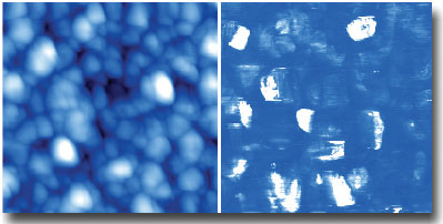 AZoM - Metals, Ceramics, Polymer and Composites -High resolution topography (l) and current (r) at a bias of 1.5 volts, 50pA scale, 2μm scan. Sample courtesy K. Krishnan Lab, University of Washington.
