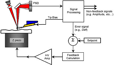 AZoM - Metals, Ceramics, Polymer and Composites - Feedback Loop: Most AFM imaging modes involve a feedback loop that regulate the tip-sample distance. The signal processing block generates an “error” signal. In contact mode, this is cantilever deflection. Other non-feedback signals such as the piezo response amplitude, phase, or tip-sample currents can be passed on to the display system to form an image. The setpoint is subtracted from the error signal. It is then input into a feedback calculation. The output of this calculation is then used to control the tip-sample separation through a high voltage amplifier and a piezo that modulates the tip-sample separation. The job of the feedback calculation is to do this in such a manner as to keep the error signal at the setpoint value (that is, to zero the input into the feedback calculation). The output of the feedback calculation is then a representation of the sample topography, or height.