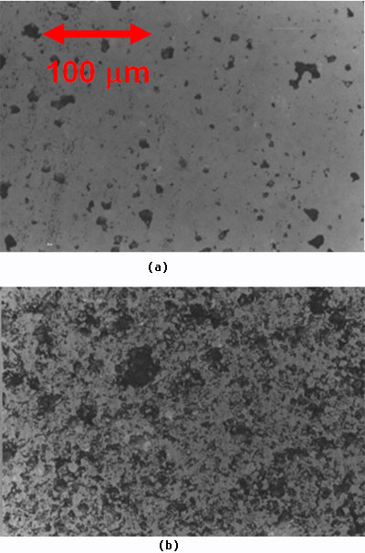 AZoJomo - The AZO Journal of Materials Online - Diamond turned PZT a) 0.1um depth of cut and feed rate, Ra 11nm, b) 4.9um depth of cut and feed rate, Ra 240nm 