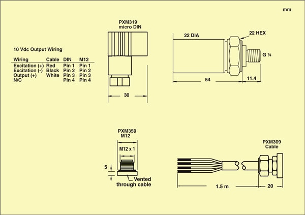 OMEGA PXM309 series transducers dimensions and IP ratings
