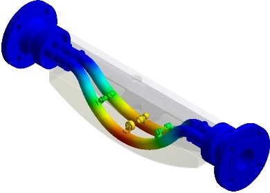 Oscillating meter tubes inside a Coriolis flowmeter.