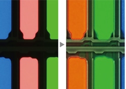 Left image: The TFT array is blacked out due to the brightness of the color filter. / Right image: The TFT array is exposed by HDR.