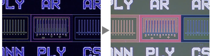 IC pattern on a semiconductor wafer (Left: Darkfield / Right: MIX (Brightfield + Darkfield))