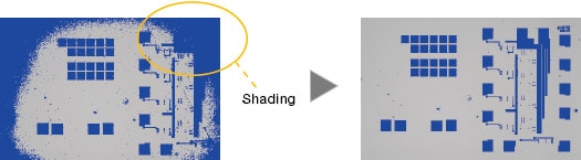 Right image: Shading correction produces even illumination across the field of view.