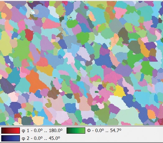 Euler map obtained from low carbon steel composed of ferrite grains. This data was collected with a 1 millisecond per pixel dwell time.