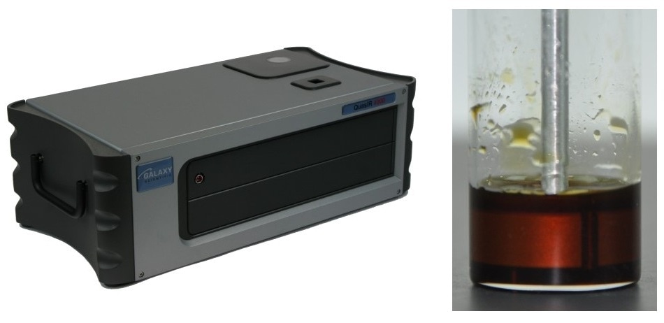 Molasses sample in glass vial with inserted transflector analyzed with QuasIR™ 4000 integrating sphere.