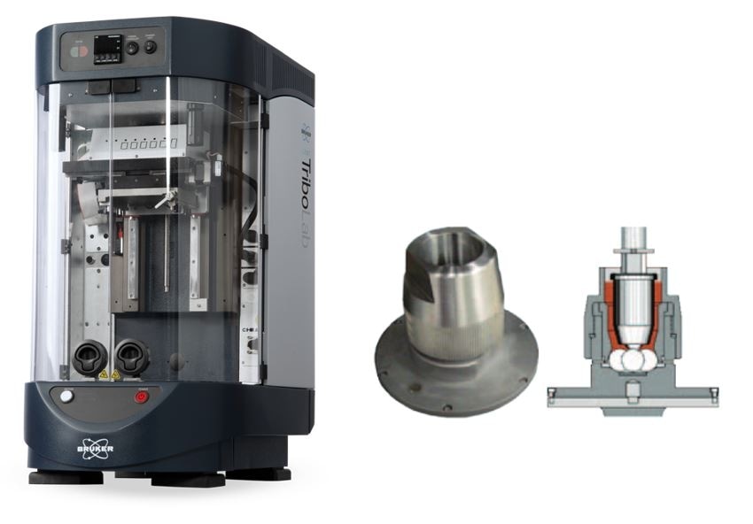 The UMT TriboLab (left) and four-ball set up (right) in which three balls are held in a ball cup mounted on a specimen table on a lower rotary module. The ball cup was filled with lubricant, and a fourth ball is held stationary on the upper carriage. Load is applied vertically downward through the upper ball.