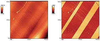 This example highlights the benefits of phase imaging with a AFM. Topography (left) and phase image (right) of a cryo-microtomed multilayer polyethylene sample. While topography is dominated by large-scale undulations, phase provides a clean view of the layered structure. Additional fine structure shows the presence of small droplets.