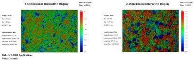 Rough surface metrology of ceramic (top) and polishing pad (bottom), with fields of view of 0.42mm x 0.56mm.