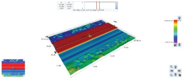 VXI 115X magnification 3D image showing areas of smooth and rough topography on a wafer during fabrication process steps.