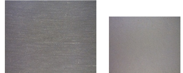 The ground finish has very evident grind lines with a distinct orientation. In contrast,the lapped finish has lines that are hard to resolve by visual inspection, and has no definite orientation.