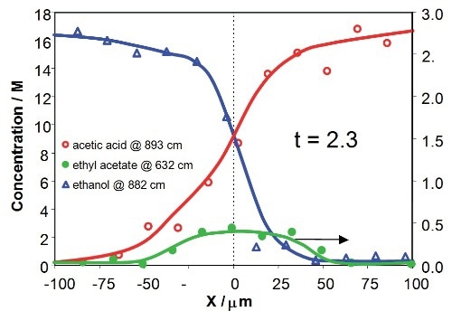 Concentration profiles for acetic acid, ethanol and ethyl acetate across the downstream channel at different Y positions, corresponding to 2.3s and 9.8s after initialization of reaction
