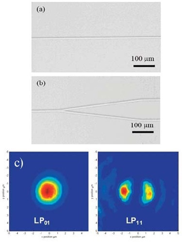 Optical microscope images of (a) a single channel waveguide, (b) a Y coupler, and (c) near-field intensity profile of the LP01 and LP11 modes in a single- channel waveguide