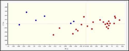 PCA analysis of Raman spectral data showing the bad, lower viscosity samples (blue) that are distinguished in PC space from good, higher viscosity samples (red).