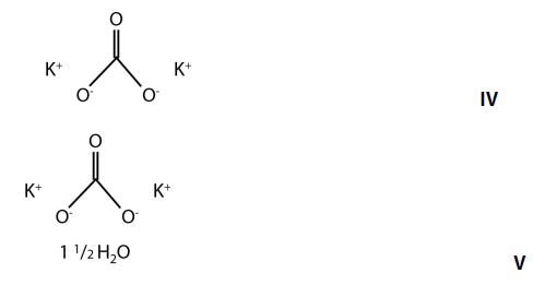 Chemical structures of potassium carbonate and potassium carbonate sesquihydrate.