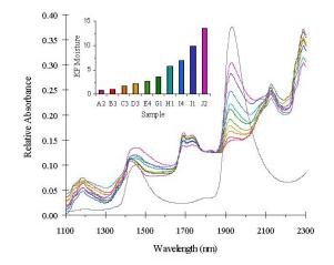 Diffuse reflectance near-infrared spectra of lyophilized samples containing varying amounts of moisture as indicated in the inset bar graph.