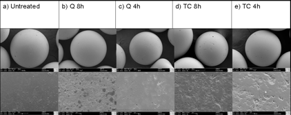 Glass beads during different stages of treatment.