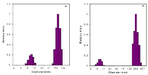 DLS Size Distribution of Proteins at 20°. a. Cold Prep; b. Hot Prep.