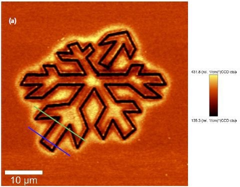 Confocal Raman Image of the intensity of the first order Si line [a] and the intensity profile along the cross section marked in blue [b].