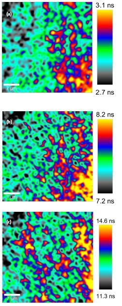 Spatially varying relaxation times at photon emission energies of 2.756eV (450nm), 2.611eV (475nm) and 2.480eV (500nm), respectively.