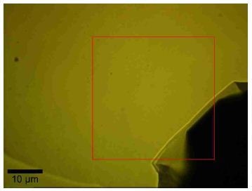Video Image of a typical scan area (red box) on the Si. The hole is visible on the bottom right corner.