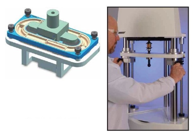 Custom test fixture used for QA testing of Bose® passive radiator materials used in SoundLink® and SoundLink Mini portable Bluetooth® speaker products on Bose ElectroForce® 3220 test instrument.