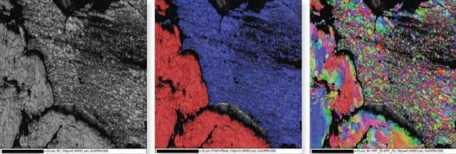 EBSD a) pattern quality, b) phase (red=steel/ferrite,