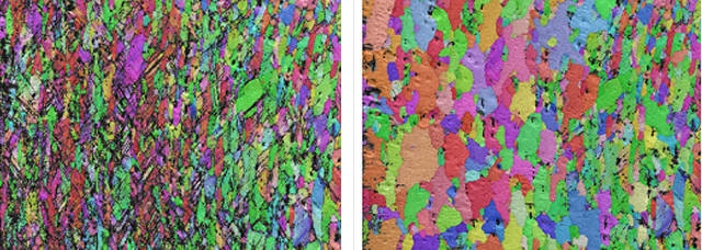 EBSD pattern IPF coloured maps before (left) and after (right) heating to 440ºC.
