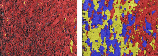 EBSD Recrystallisation fraction maps before (left) and after (right) heating to 440ºC. (blue=recrystallised,