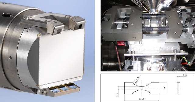 Left – ARGUS™ FSE/BSE detectors and phosphor screen; Right top – tensile stage inside the SEM chamber as seen from the EBSD port; Right bottom – drawing of sample dimensions (values are given in mm).