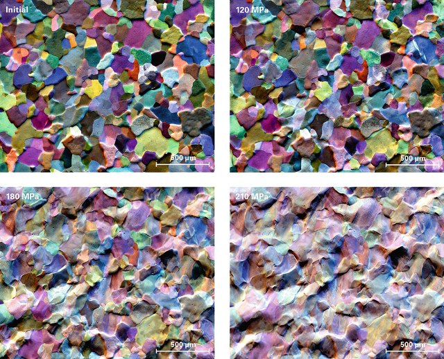 Orientation contrast images showing microstructural evolution during in-situ tensile testing of ARMCO steel; initial microstructure (upper left) and after applying 120MPa (upper right), 180MPa (bottom left) and 210MPa (bottom right).