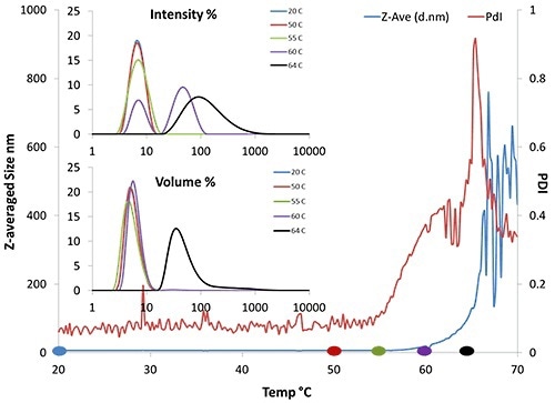 DLS thermal ramping data of 50mg/mL BSA. Results include Z-average size, PDI, and volume and intensity distributions.