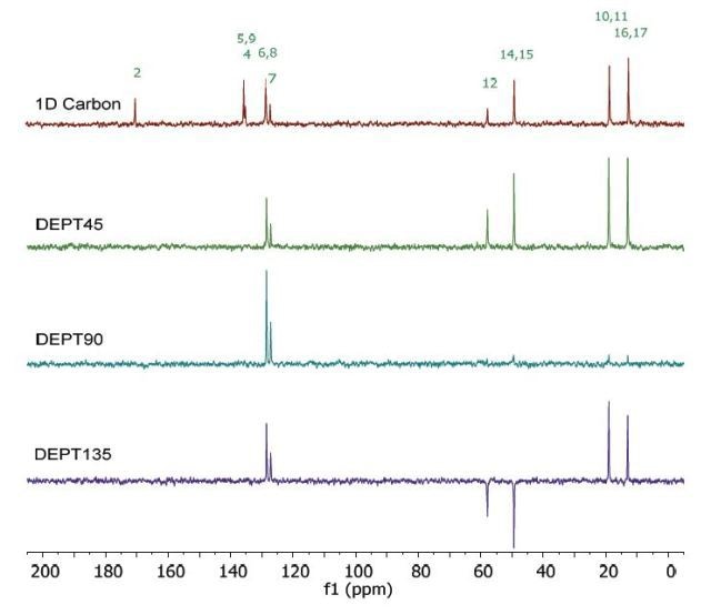 Carbon spectra of 1 M lidocaine in CDCl3.