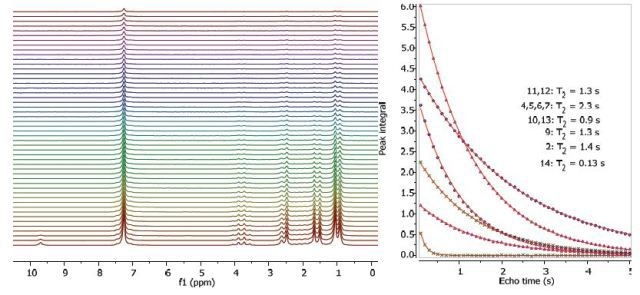 Proton T2 relaxation time measurement of 200 mM ibuprofen in CDCl3.