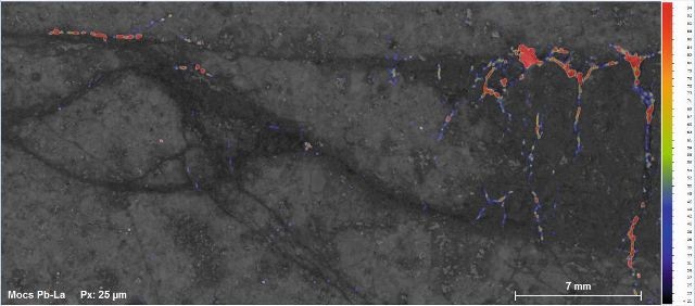 Unexpected lead enrichment along cracks observed using Bruker M4 TORNADO benchtop Micro-XRF spectrometer