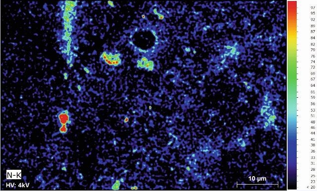 Tissint Martian meteorite; (a) the composite map of carbon and oxygen overlaid with the SE micrograph shows a thin coating and local enrichment of carbon on a silicate surface. (b) The distribution of nitrogen with low intensities can be made visible by using a false color display of the according map