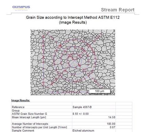 An example report for grain intercept in Olympus Stream software.