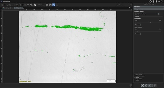 Analysis for nonmetallic inclusions in PRECiV software using the Inclusions Worst Field material solution. Thresholding is used to detect all inclusions and differentiate oxides from other inclusions.