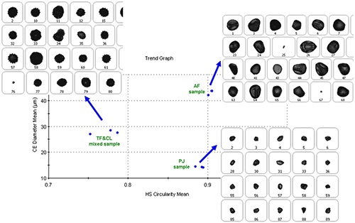 Scatter plot of mean CED vs mean HS circularity which shows how measurements made on each type of sample cluster together.
