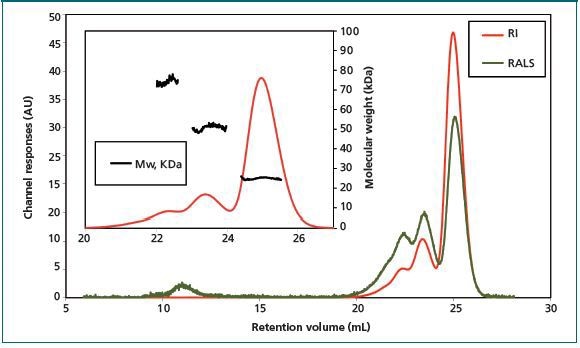 Chromatogram of Bcl-2 sample shows the presence of three different species after incubation at 37 °C for one day.