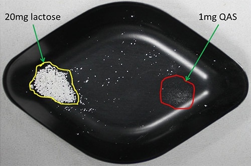 Weigh boat prepared with 20mg lactose and 1mg QAS glass beads.