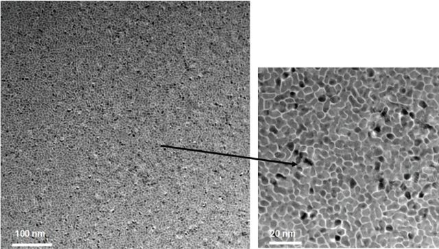TEM micrographs of two different growth conditions of FePt thin films. Specimens prepared in PIPS™ II and imaged in a JEOL 2000 EX TEM.