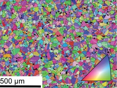 EBSD orientation map from 3-D printed and sintered 316L stainless steel sample where identified twin boundaries are colored white and random grain boundaries colored black.