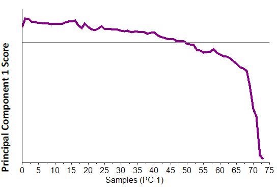 PC-1 score plot from full spectral range PCA analysis of 75 spectra collected during temperature experiment.